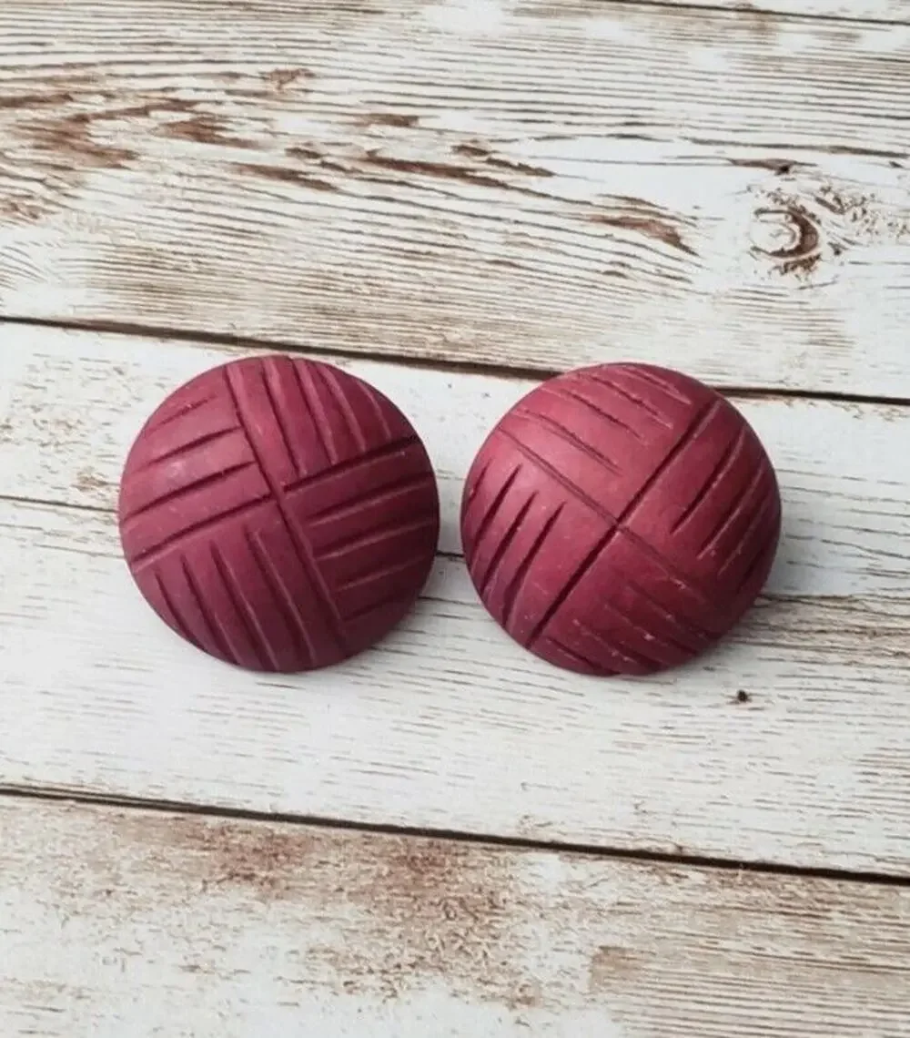 Vintage Clip On Earrings Engraved Red Circle Large 1 & 3/8